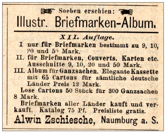 Original-Werbung/Inserat/ Anzeige 1891 - ILLUSTR.BRIEFMARKEN-ALBUM / ZSCHIESCHE NAUMBURG Ca. 45 X 35 Mm - Publicidad