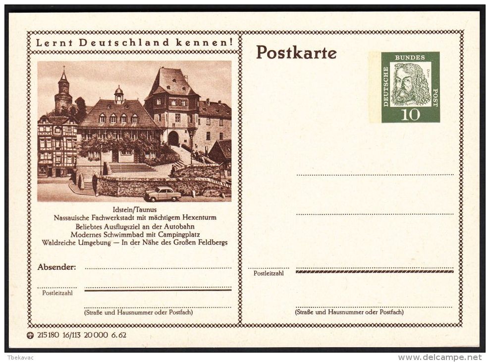 Germany 1962, Illustrated Postal Stationery "Idstein Workshop And Powerful Witches Tower", Ref.bbzg - Illustrated Postcards - Mint