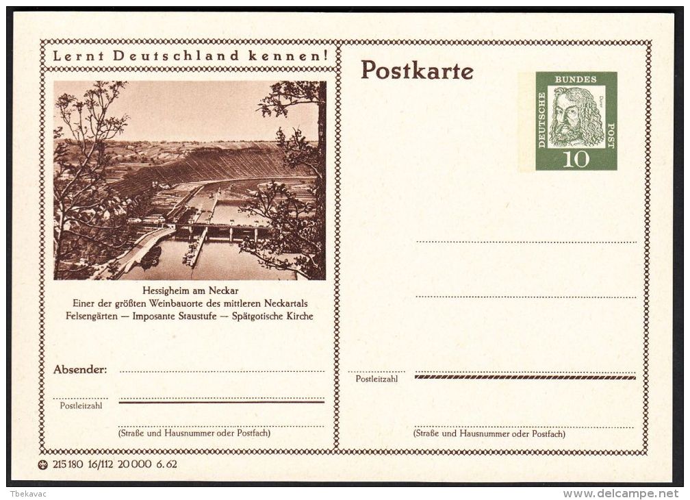Germany 1962, Illustrated Postal Stationery "Hessigheim Am Neckar", Ref.bbzg - Cartoline Illustrate - Nuovi