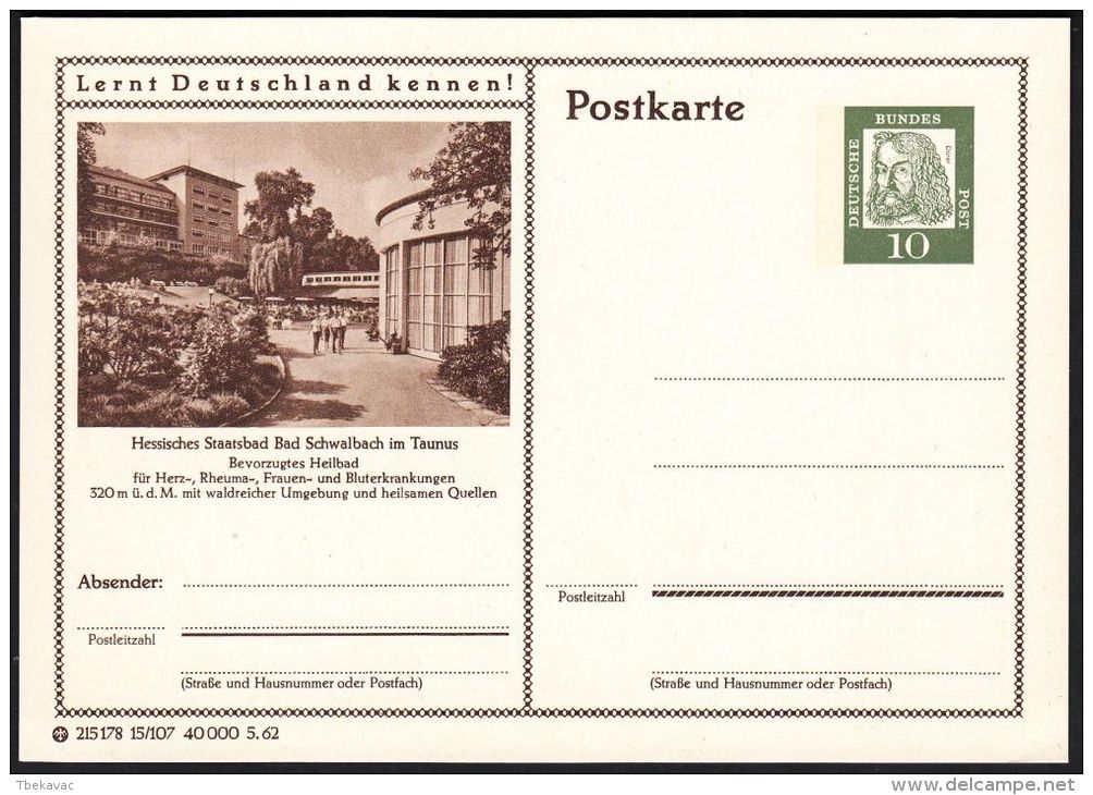 Germany 1962, Illustrated Postal Stationery "Spa Town Of Bad Schwalbach Taunus", Ref.bbzg - Cartes Postales Illustrées - Neuves