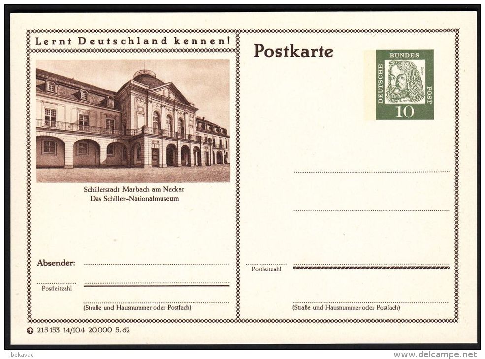 Germany 1962, Illustrated Postal Stationery "Marbach Am Neckar", Ref.bbzg - Illustrated Postcards - Mint