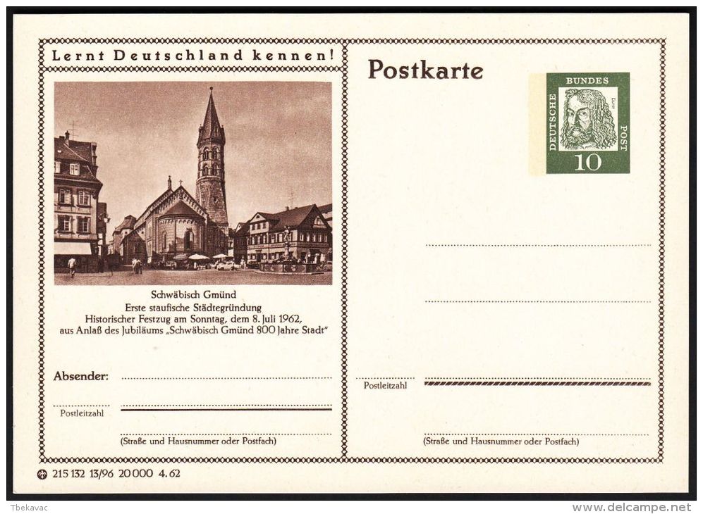 Germany 1962, Illustrated Postal Stationery "Schwabisch Gmünd", Ref.bbzg - Cartoline Illustrate - Nuovi