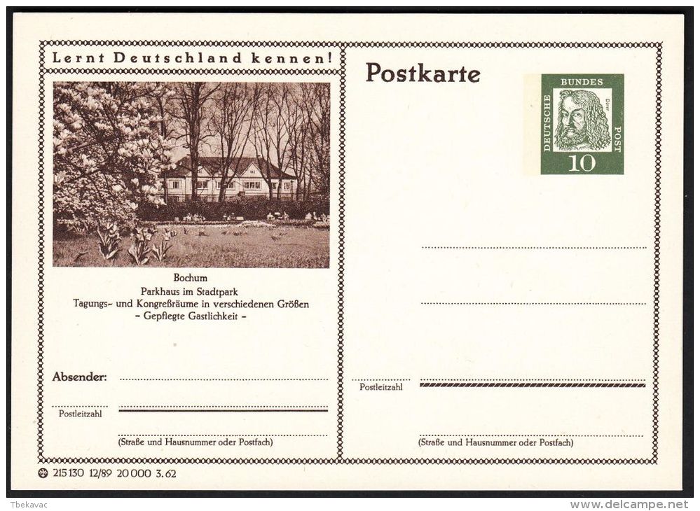 Germany 1962, Illustrated Postal Stationery "Park House In Bochum", Ref.bbzg - Illustrated Postcards - Mint