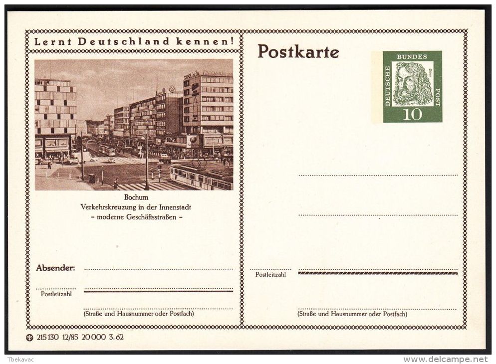 Germany 1962, Illustrated Postal Stationery "Center Of Bochum", Ref.bbzg - Illustrated Postcards - Mint