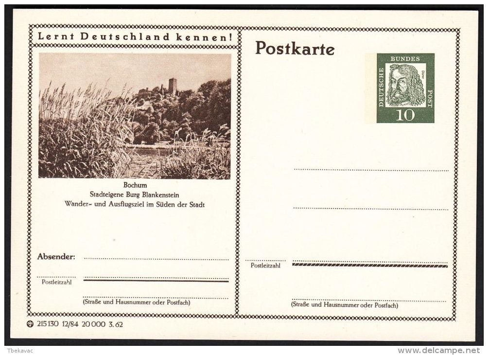 Germany 1962, Illustrated Postal Stationery "Blankenstein Castle In Bochum", Ref.bbzg - Illustrated Postcards - Mint