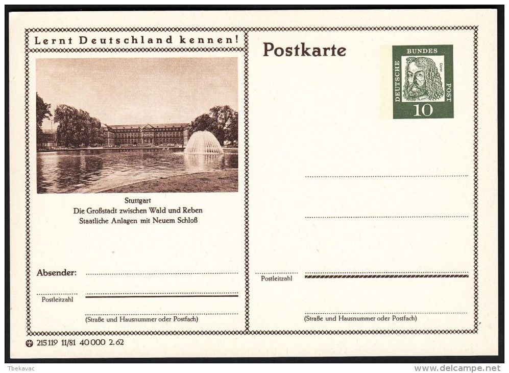 Germany 1962, Illustrated Postal Stationery "New Castle In Stuttgart", Ref.bbzg - Cartes Postales Illustrées - Neuves