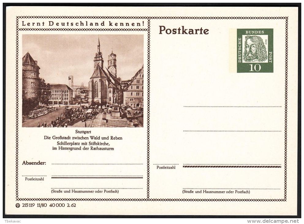 Germany 1962, Illustrated Postal Stationery "Schiller Square In Stuttgart", Ref.bbzg - Bildpostkarten - Ungebraucht