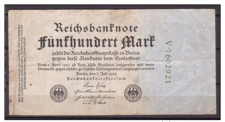 Weimarer Republik , Infla , 500 Mark , 1922 , RB-71 B , VG - 500 Mark
