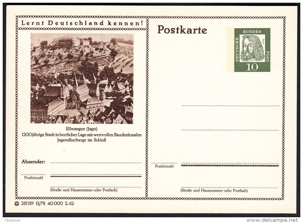 Germany 1962, Illustrated Postal Stationery "Ellwangen", Ref.bbzg - Illustrated Postcards - Mint