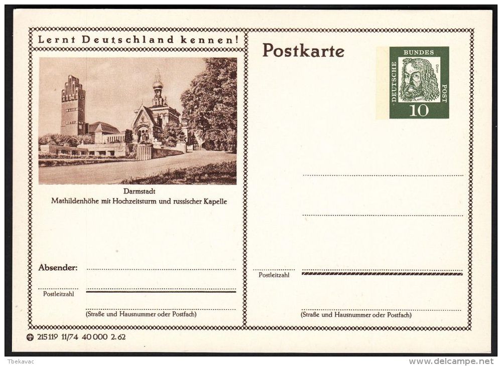 Germany 1962, Illustrated Postal Stationery "Darmstadt", Ref.bbzg - Cartes Postales Illustrées - Neuves