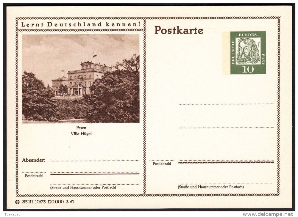 Germany 1962, Illustrated Postal Stationery "Essen - Villa Hugel", Ref.bbzg - Cartes Postales Illustrées - Neuves