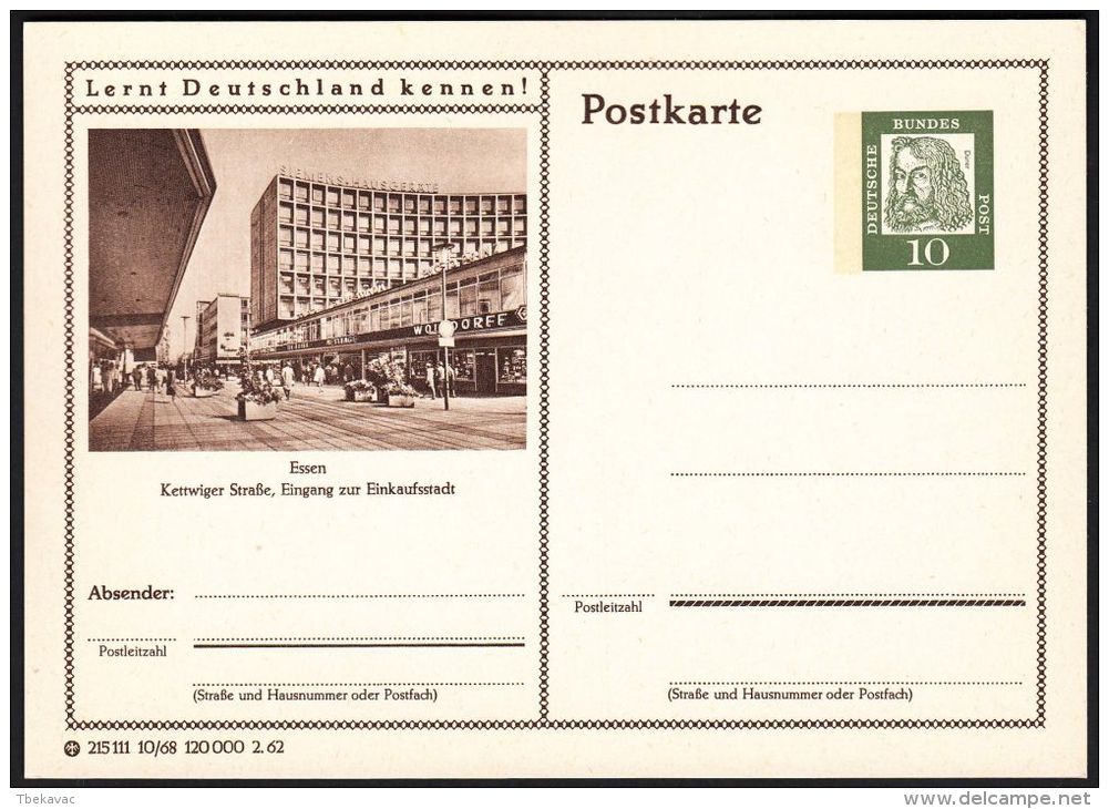 Germany 1962, Illustrated Postal Stationery "Kettwiger Street In Essen", Ref.bbzg - Illustrated Postcards - Mint