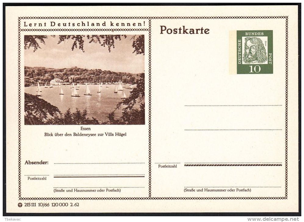 Germany 1962, Illustrated Postal Stationery "Baldeney Lake In Essen", Ref.bbzg - Illustrated Postcards - Mint