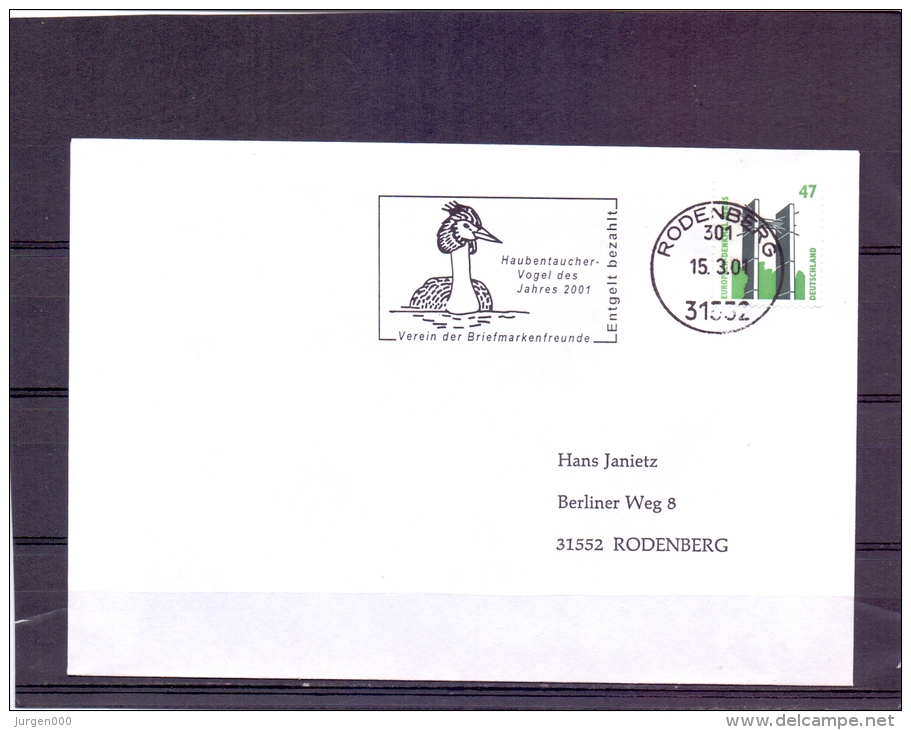 Deutschland - Haubentaucher - Vogel Des Jahres 2001 - Verein  Des Briefmarkenfreunde - Rodenberg 15/3/2001 (RM6641) - Autres & Non Classés