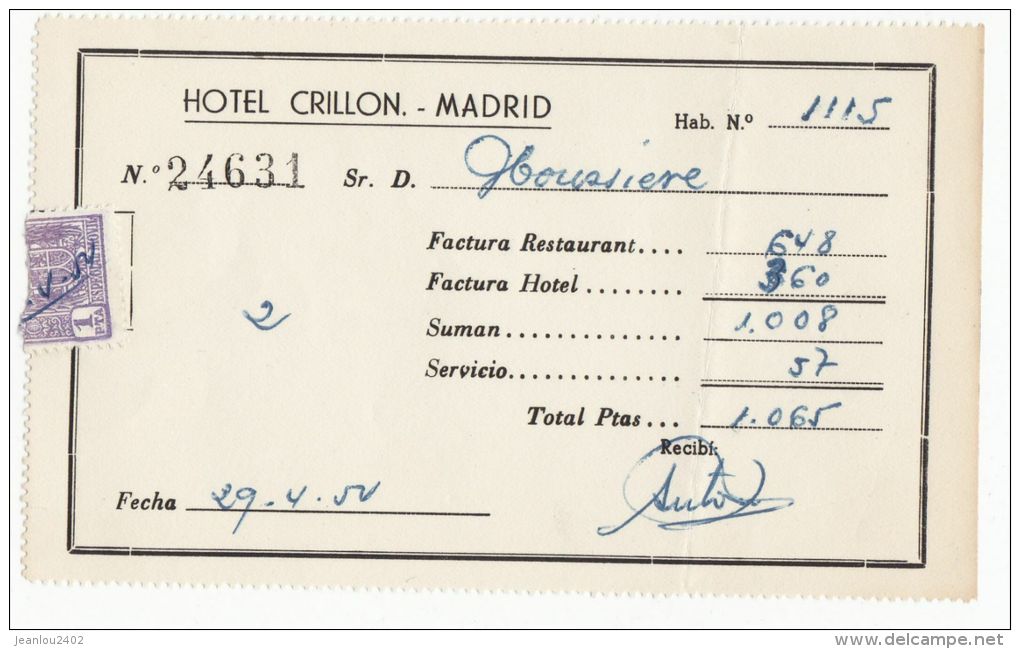 ADDITION HOTEL CRILLON - MADRID - 1954 - Espagne