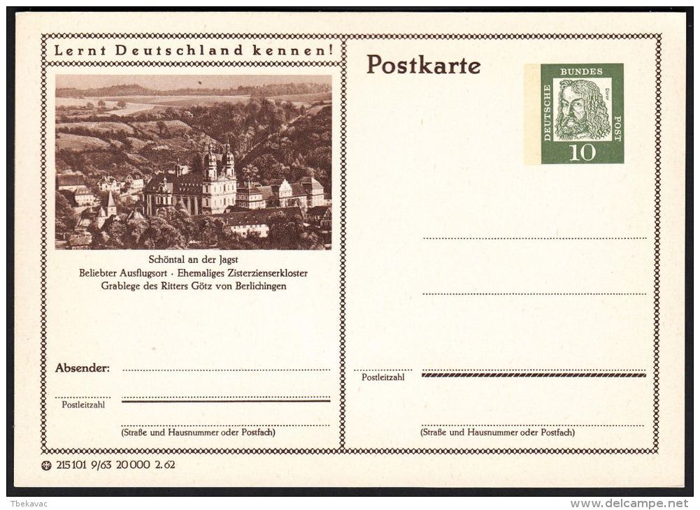 Germany 1962, Illustrated Postal Stationery "Schöntal Abbey  In Jagst", Ref.bbzg - Cartes Postales Illustrées - Neuves