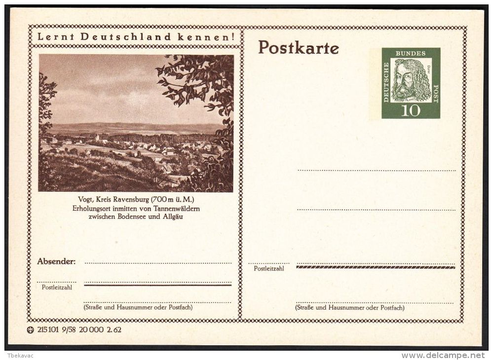 Germany 1962, Illustrated Postal Stationery "Ravensburg", Ref.bbzg - Illustrated Postcards - Mint