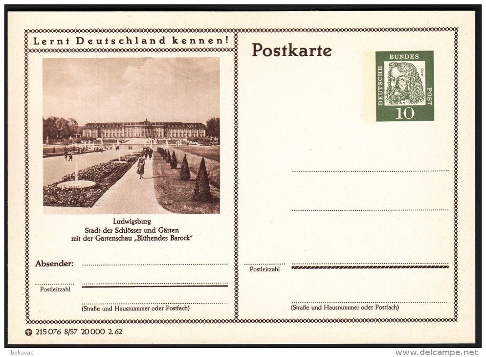 Germany 1962, Illustrated Postal Stationery "Castle In Ludwigsburg", Ref.bbzg - Illustrated Postcards - Mint