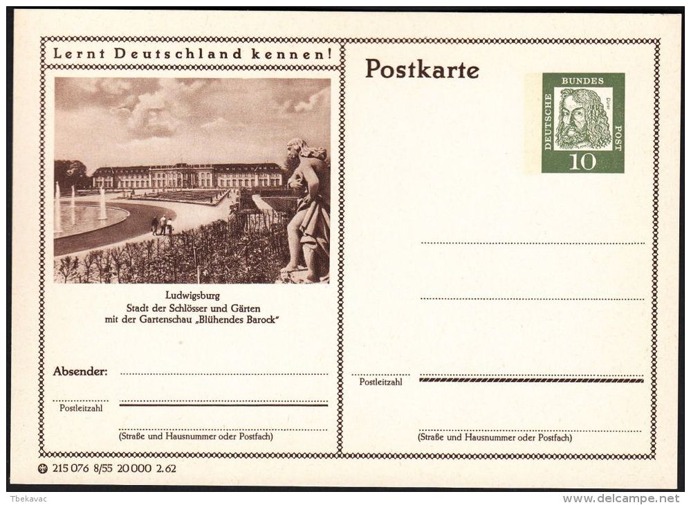 Germany 1962, Illustrated Postal Stationery "Castle In Ludwigsburg", Ref.bbzg - Cartes Postales Illustrées - Neuves