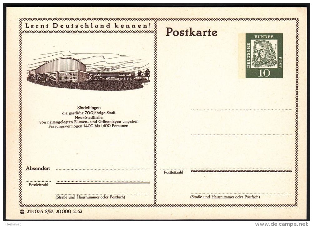 Germany 1962, Illustrated Postal Stationery "Sporthalle In Sindelfingen", Ref.bbzg - Illustrated Postcards - Mint