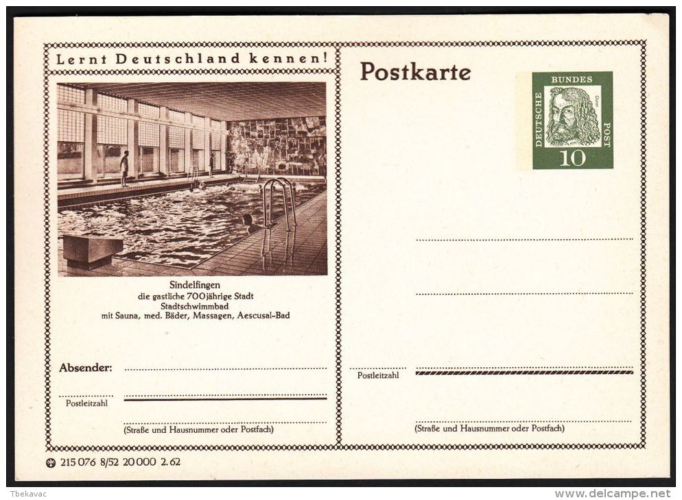 Germany 1962, Illustrated Postal Stationery "Swimming Pool In Sindelfingen", Ref.bbzg - Illustrated Postcards - Mint