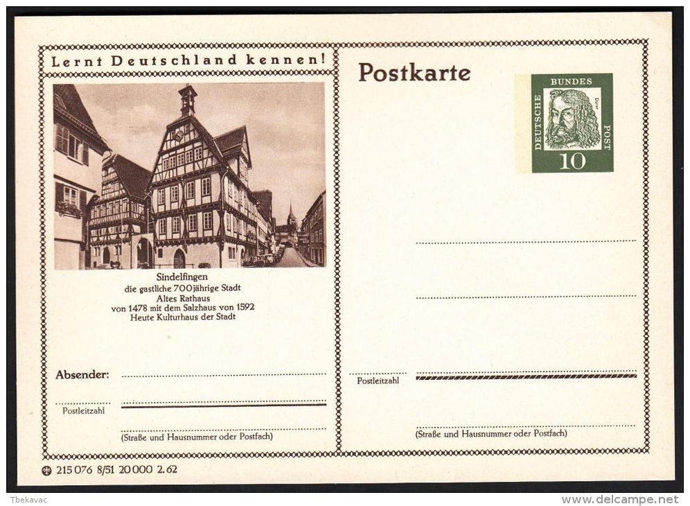 Germany 1962, Illustrated Postal Stationery "Old Town In Sindelfingen", Ref.bbzg - Illustrated Postcards - Mint