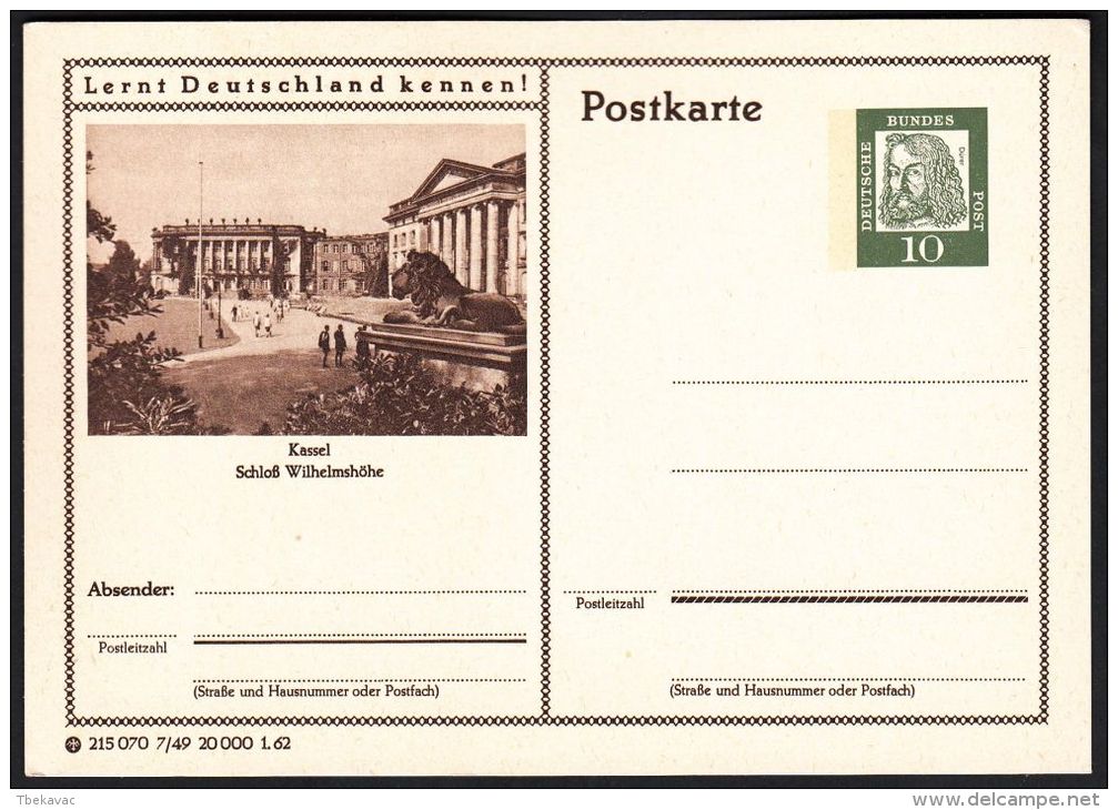 Germany 1962, Illustrated Postal Stationery "Casle Wilhelmhohe In  Kassel", Ref.bbzg - Cartoline Illustrate - Nuovi