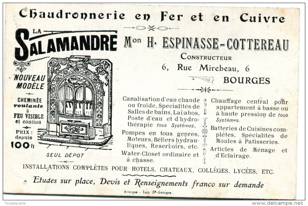 18 CARTE PUBLICITAIRE CHAUDRONNERIE EN FER ET EN CUIVRE LA SALAMANDRE 6 RUE MIREBEAU BOURGES - Advertising