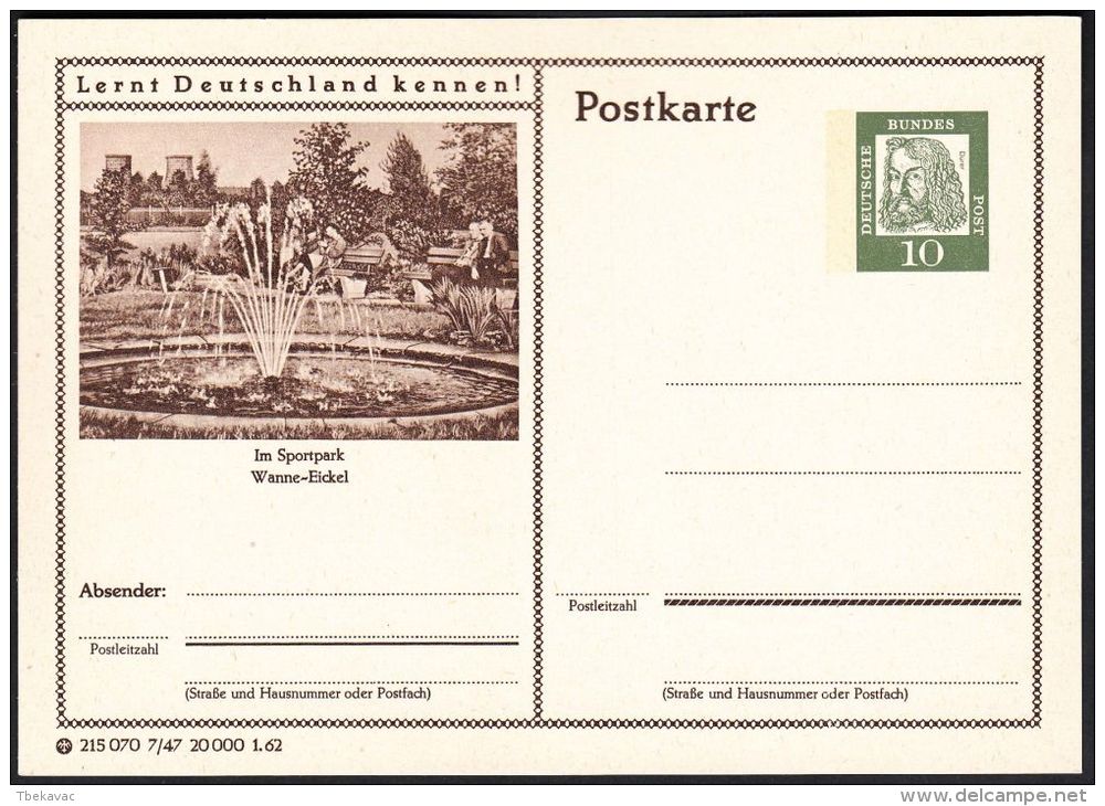 Germany 1962, Illustrated Postal Stationery "In The Sports Park Tub Eickel", Ref.bbzg - Cartes Postales Illustrées - Neuves