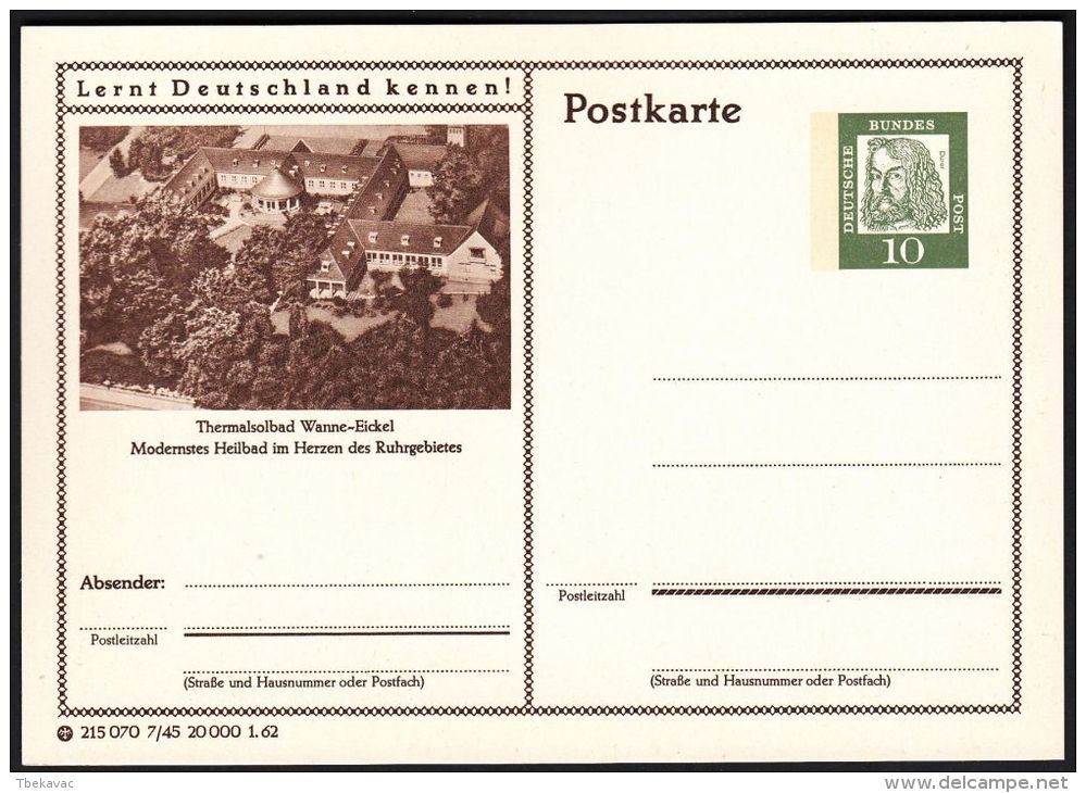 Germany 1962, Illustrated Postal Stationery "Thermal  In The Heart Of The Ruhr", Ref.bbzg - Bildpostkarten - Ungebraucht