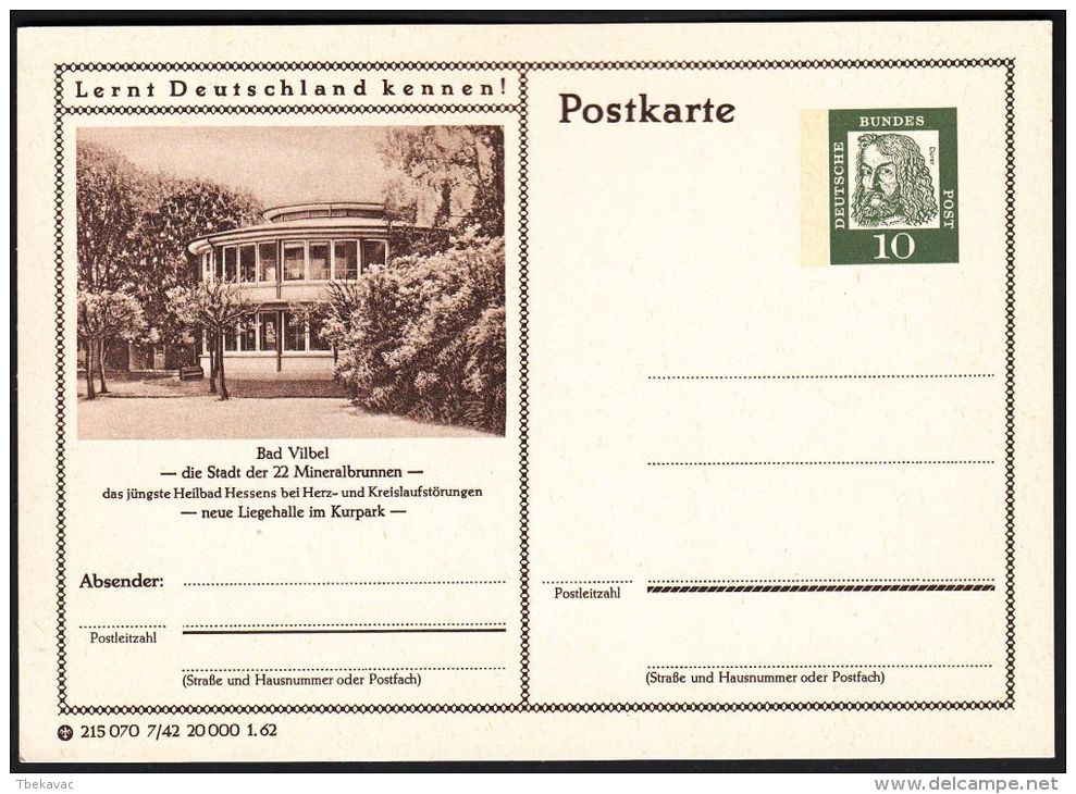 Germany 1962, Illustrated Postal Stationery "Bad Vilbel", Ref.bbzg - Cartes Postales Illustrées - Neuves