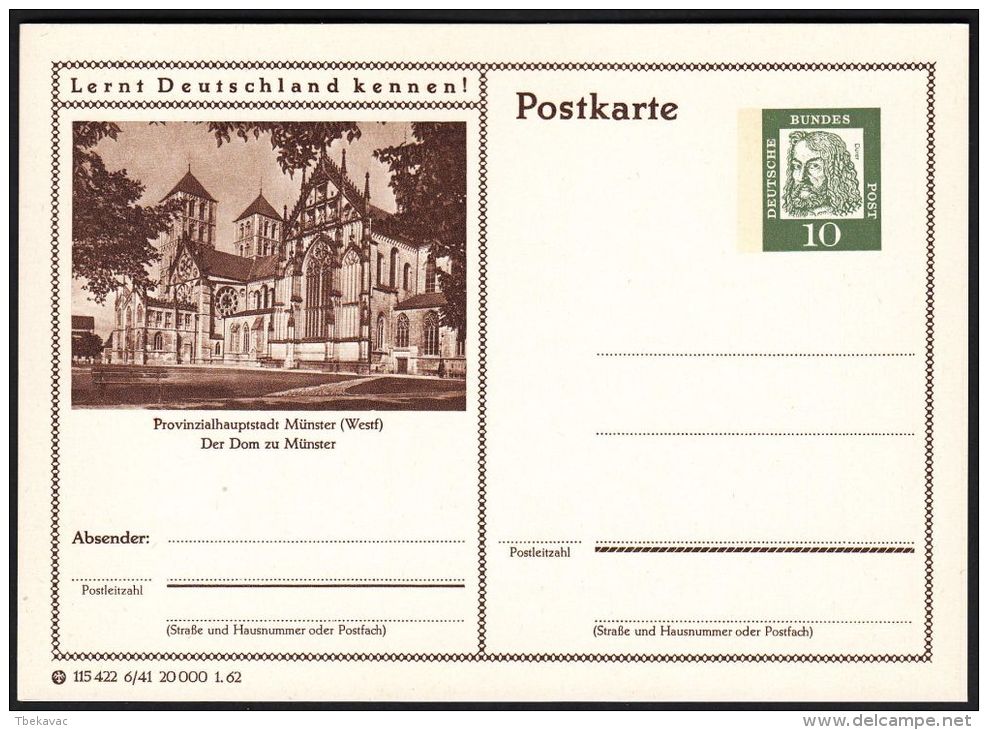 Germany 1962, Illustrated Postal Stationery "Provincial Capital Münster - The Cathedral Of Munster", Ref.bbzg - Cartes Postales Illustrées - Neuves