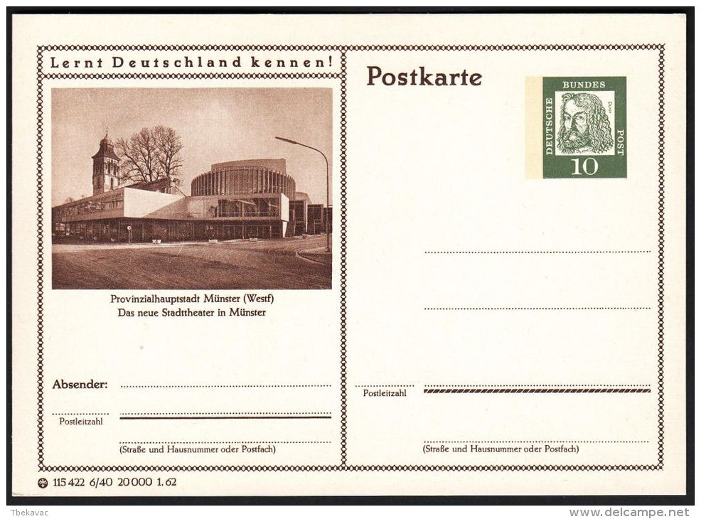Germany 1962, Illustrated Postal Stationery "Provincial Capital Münster - Municipal Theatre", Ref.bbzg - Cartes Postales Illustrées - Neuves