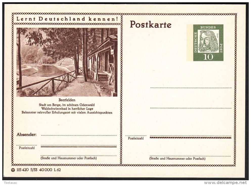 Germany 1962, Illustrated Postal Stationery "Beerfelden In The Beautiful Odenwald", Ref.bbzg - Illustrated Postcards - Mint