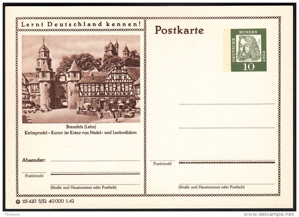 Germany 1962, Illustrated Postal Stationery "Castle Braunfels", Ref.bbzg - Cartes Postales Illustrées - Neuves