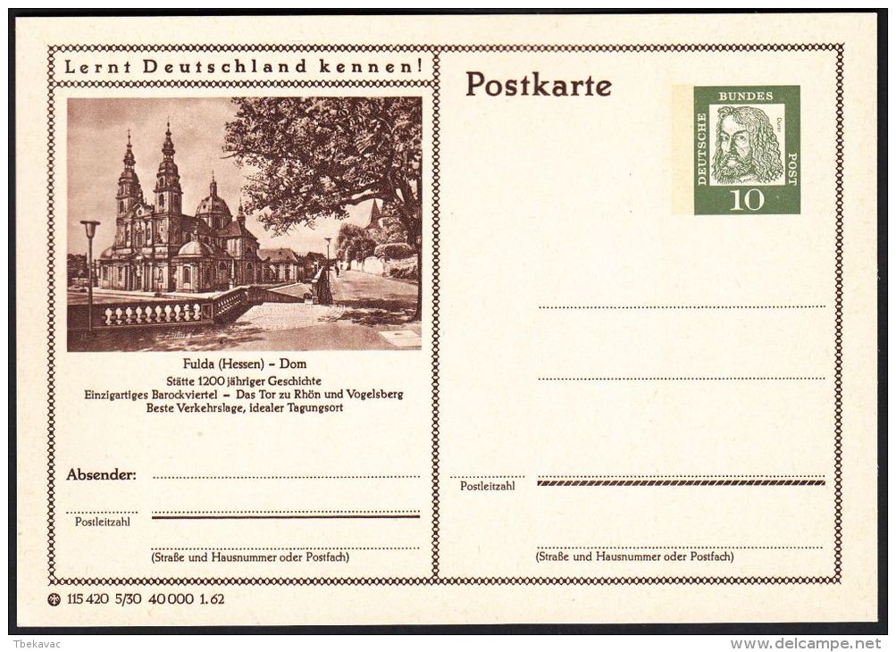 Germany 1962, Illustrated Postal Stationery "Fulda The Cathedral", Ref.bbzg - Cartes Postales Illustrées - Neuves