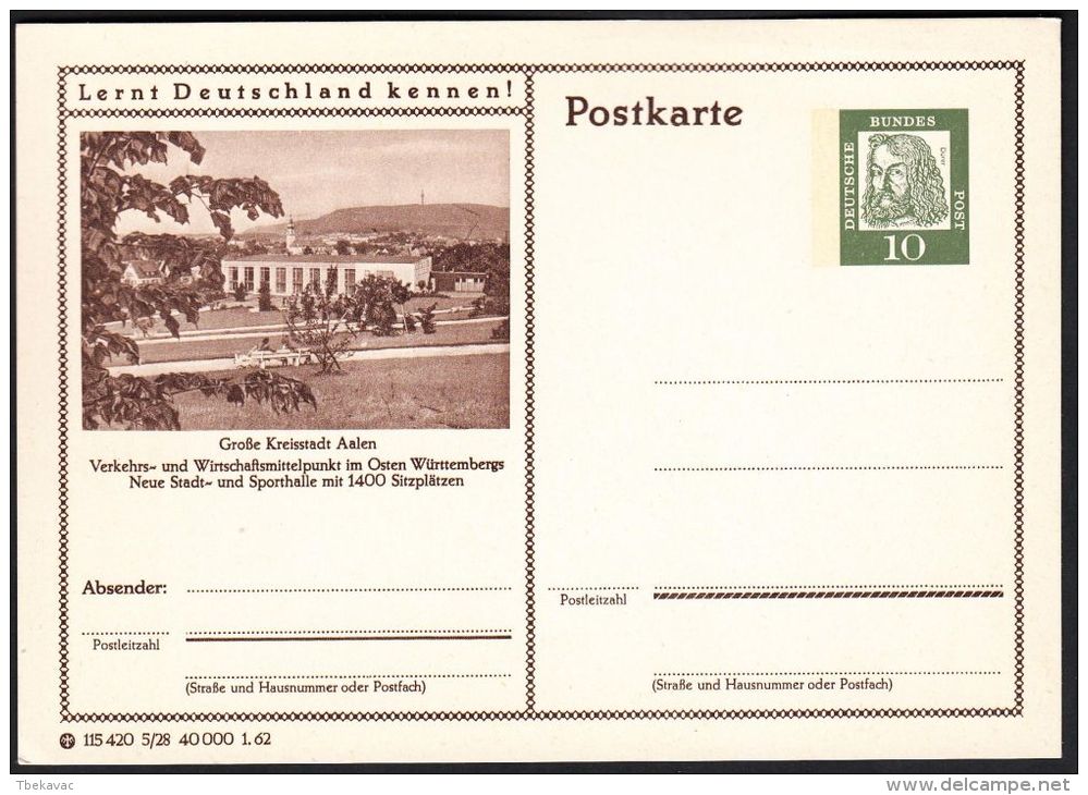 Germany 1962, Illustrated Postal Stationery "Large County Town Aalen", Ref.bbzg - Cartes Postales Illustrées - Neuves