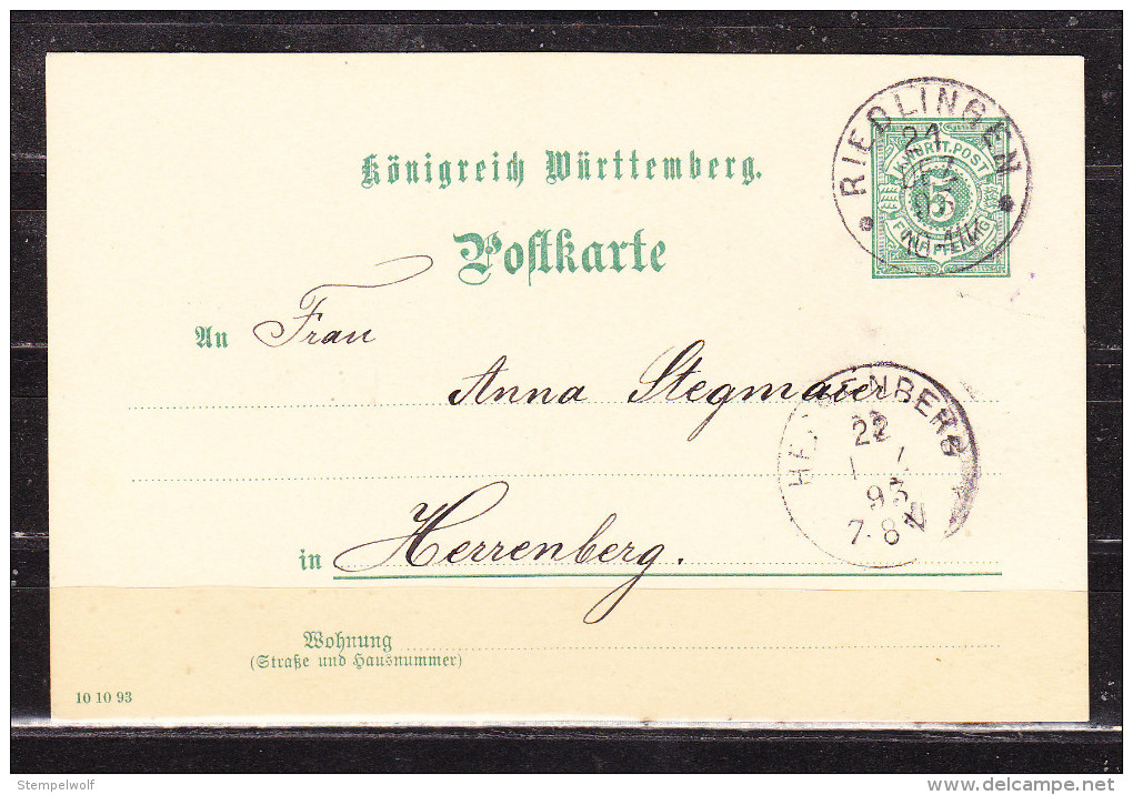 P 37 Ziffer, Riedlingen Nach Herrenberg 1893 (59584) - Altri & Non Classificati