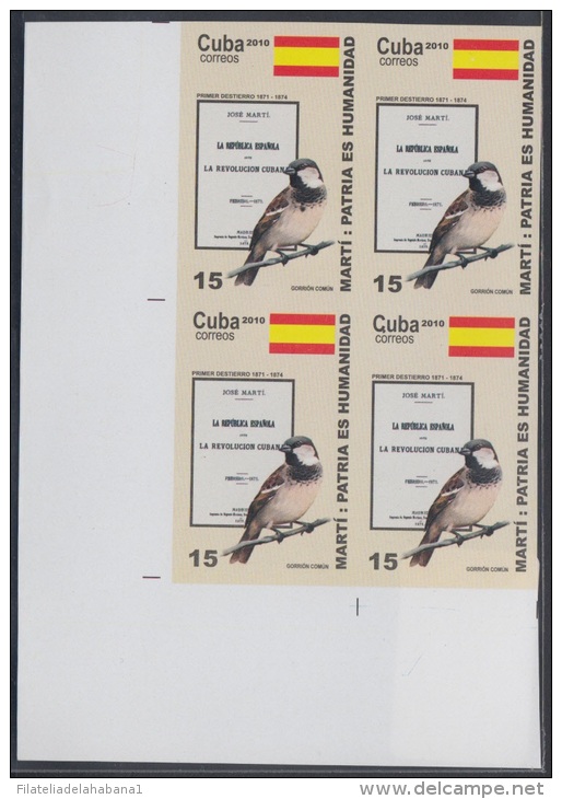 2010.125 CUBA 2010 MNH IMPERFORATED PROOF BLOCK 4. JOSE MARTI. PERIODICOS Y PAJAROS. AVES. BIRD &amp; NEWSPAPER. ESPAÑA. - Imperforates, Proofs & Errors