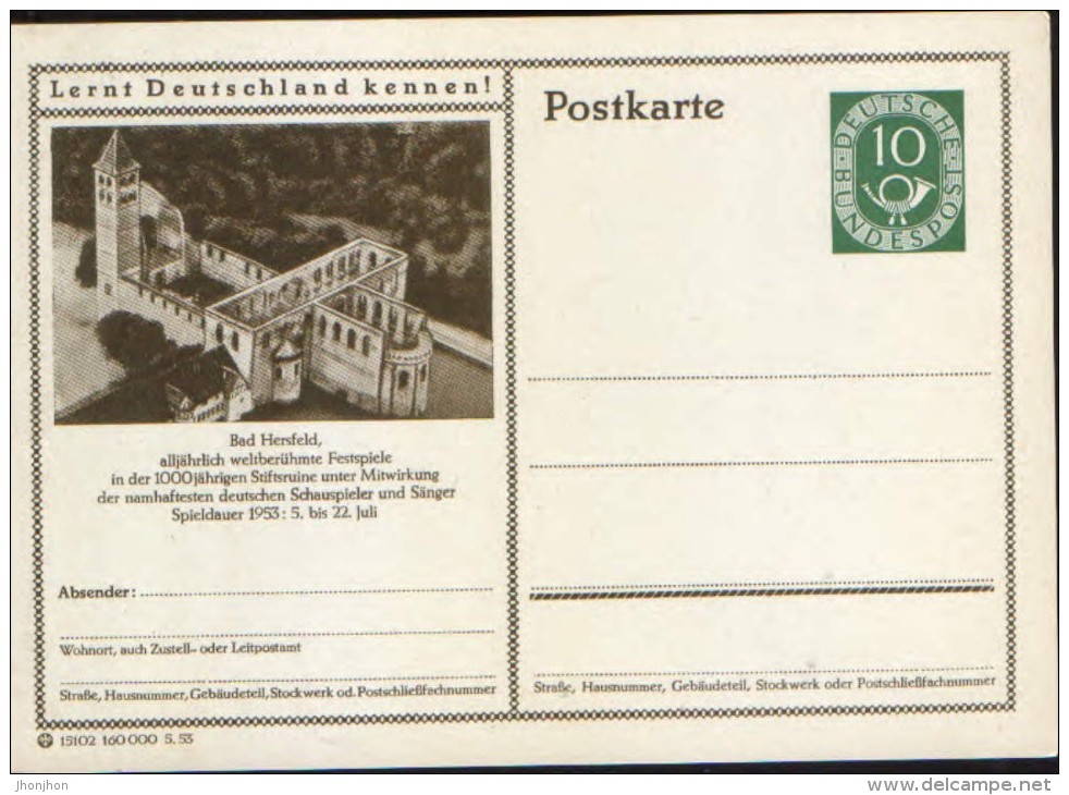 Germany/Republic -Stationery Postcard Unused 1952 - P17,Bad Hersfeld - Illustrated Postcards - Mint