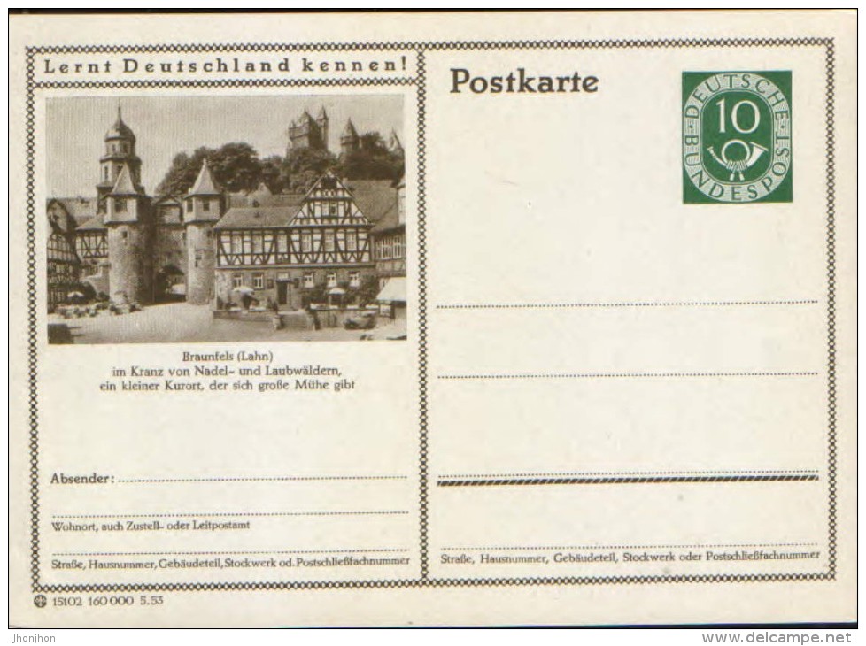 Germany-Federal Republic - Stationery Postcard Unused 1952 -P17, Braunfels (Lahn) - Cartoline Illustrate - Nuovi