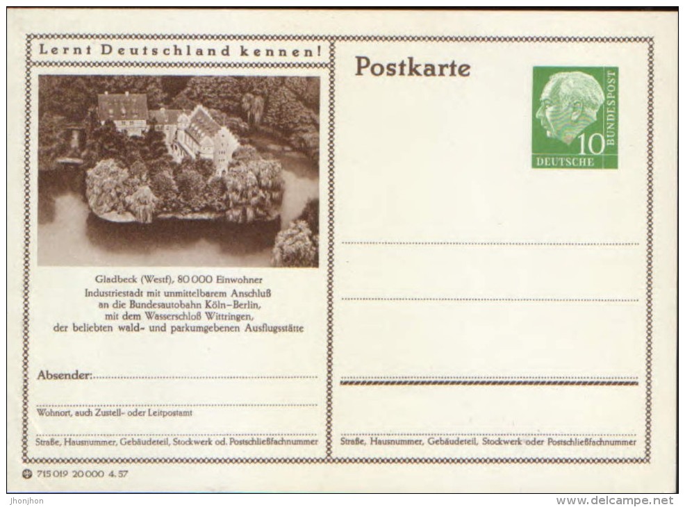 Germany-Federal Republic - Stationery Postcard Unused 1954 -P23, Gladbeck ( Westf) - Wasserschloß Wittringen - Illustrated Postcards - Mint