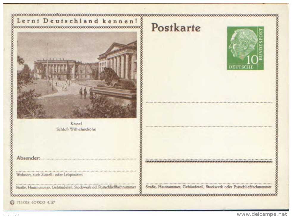 Germany-Federal Republic - Stationery Postcard Unused 1954 -P23, Kassel ,Schloss Wilhelmshohe - Cartes Postales Illustrées - Neuves