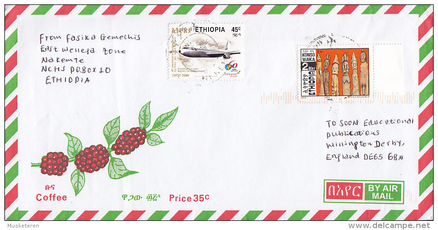 Ethiopia Airmail 2006 Cover Lettera To England Coffee Kaffe Cachet Ethiopian Airlines & Wood Sculpture Stamps - Äthiopien