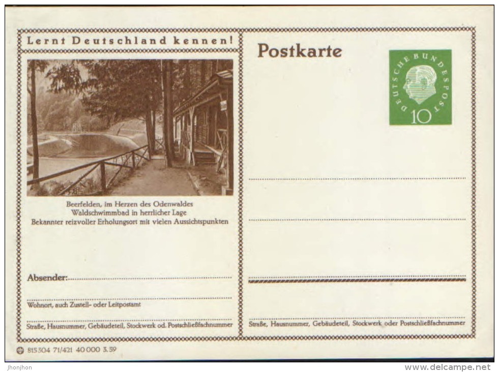 Germany-Federal Republic - Stationery Postcard Unused 1959 -P41,Beerfelden,im Herzen Des Odenwaldes - Cartes Postales Illustrées - Neuves