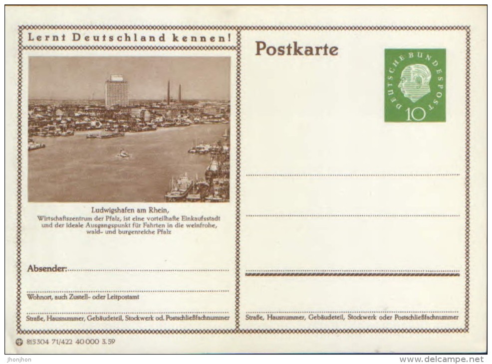 Germany-Federal Republic - Stationery Postcard Unused 1959 -P41,Ludwigshafen Am Rhein - Cartoline Illustrate - Nuovi