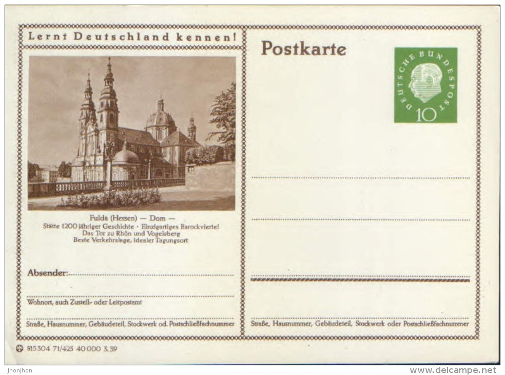 Germany-Federal Republic - Stationery Postcard Unused 1959 -P41,Fulda(Hessen) - Dom - Illustrated Postcards - Mint