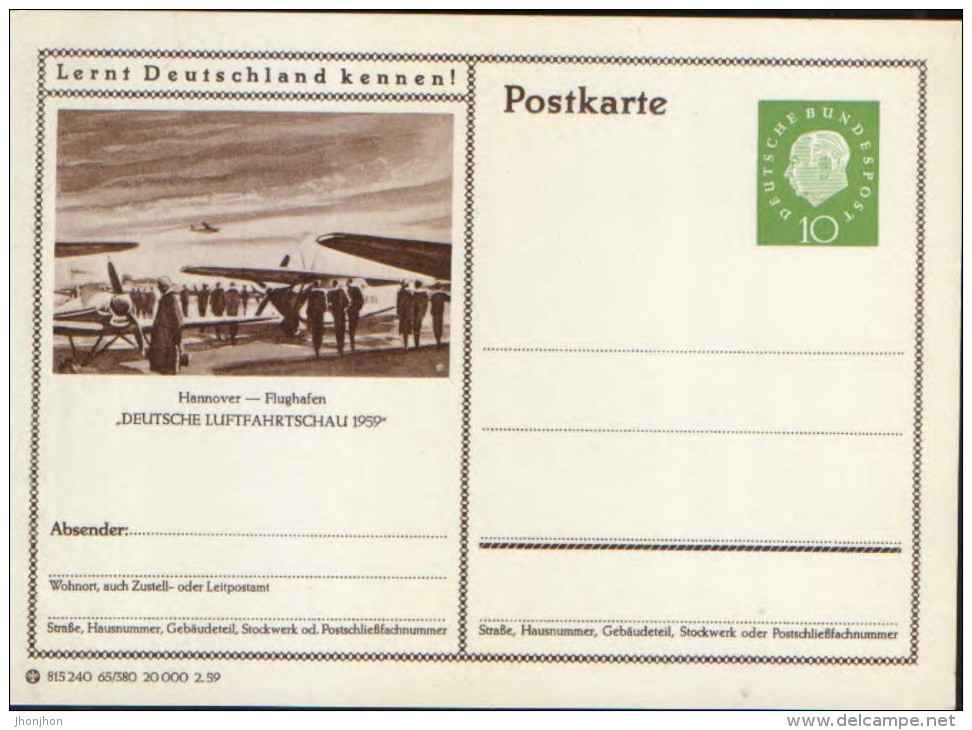 Germany-Federal Republic - Stationery Postcard Unused 1959 -P41,Hannover - Flughafen " Deutsche Luftfahrtschau 1959" - Illustrated Postcards - Mint