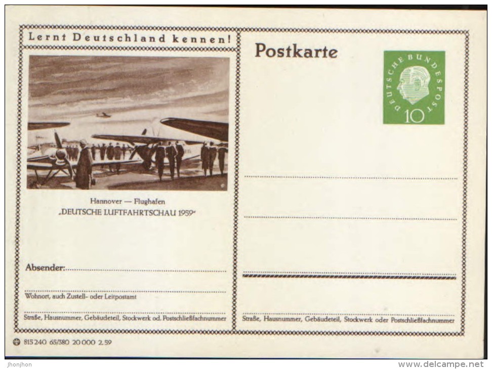 Germany-Federal Republic - Stationery Postcard Unused 1959 -P41,Hannover - Flughafen " Deutsche Luftfahrtschau 1959" - Cartes Postales Illustrées - Neuves