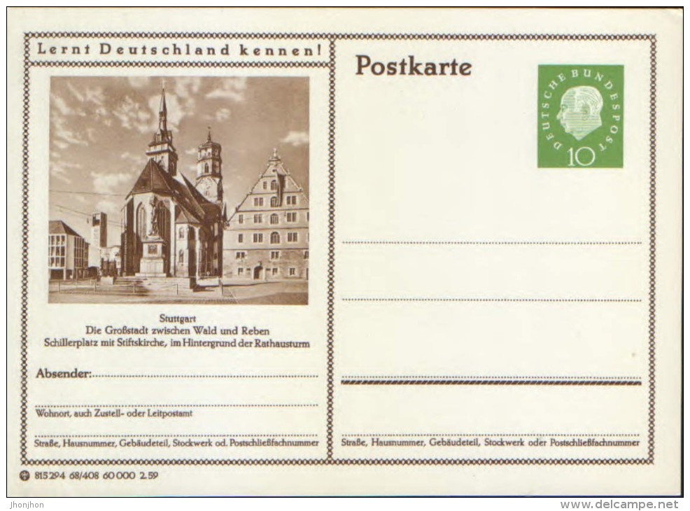 Germany-Federal Republic - Stationery Postcard Unused 1959 -P41,Stuttgart, Die Großstadt Zwischen Wald Und Reben - Illustrated Postcards - Mint